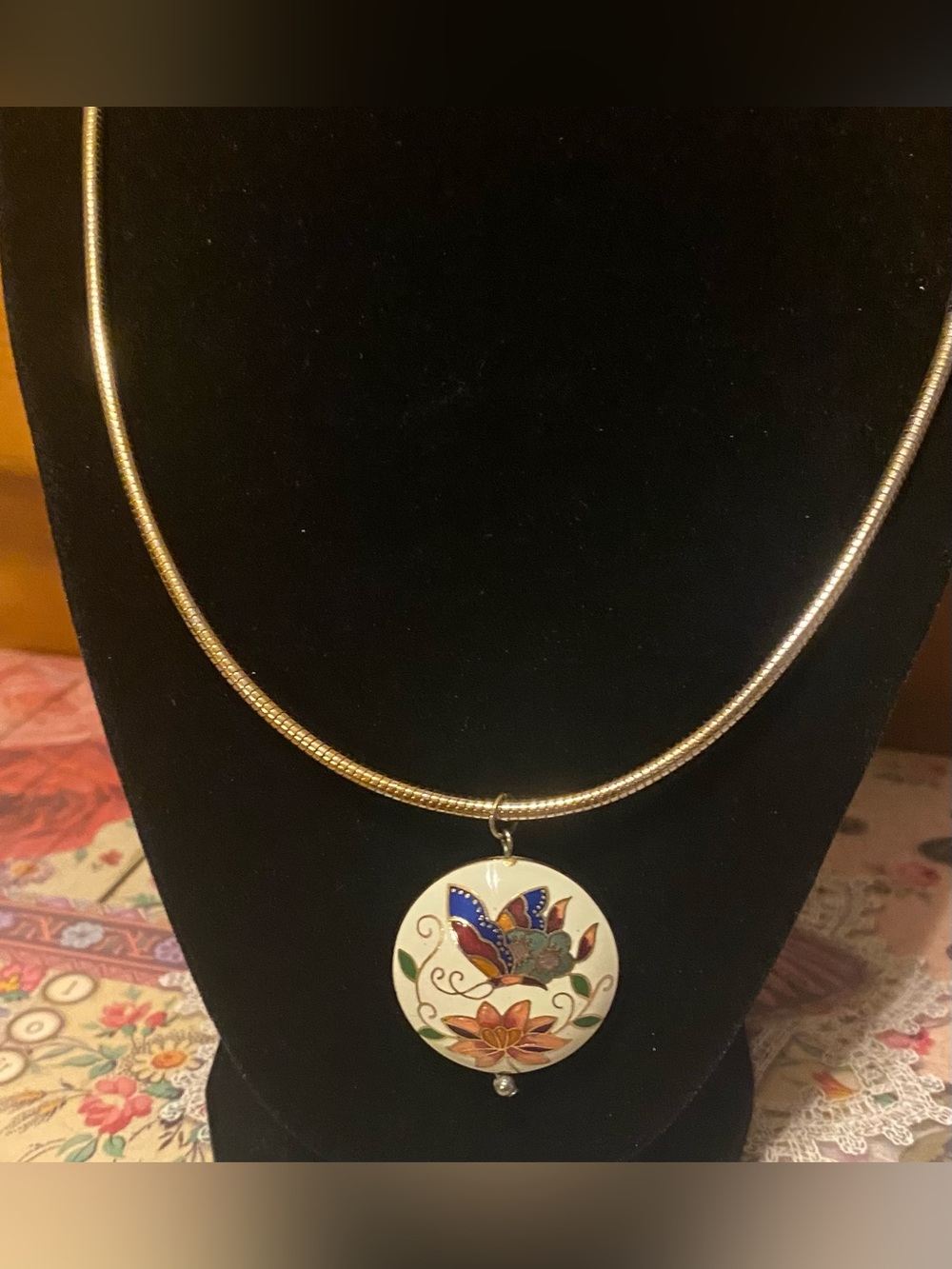 Vintage Cloisonne Butterfly & Lotus
Flower Round Enamel Pendant